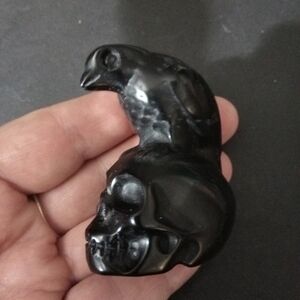Carved Black Onyx Raven On Skull
